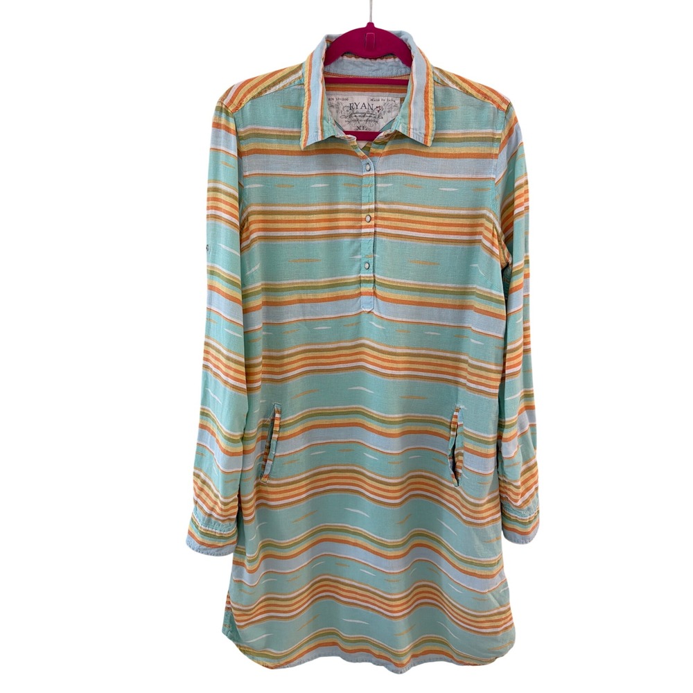Ryan Michael Seafoam Striped Linen Blend Snap Front Tunic Shirt Dress Women XL